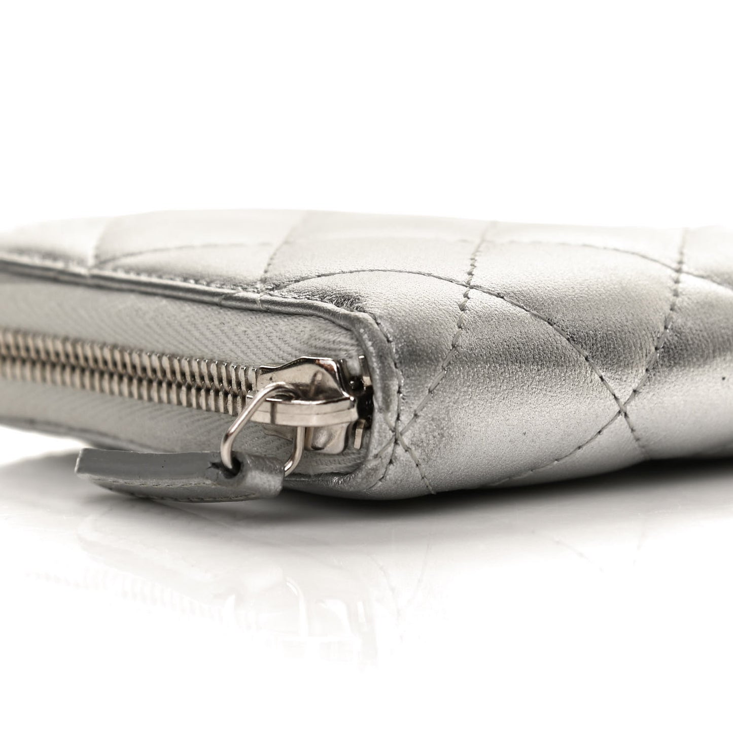 Metallic Lambskin Quilted Large Gusset Zip Around Wallet Silver