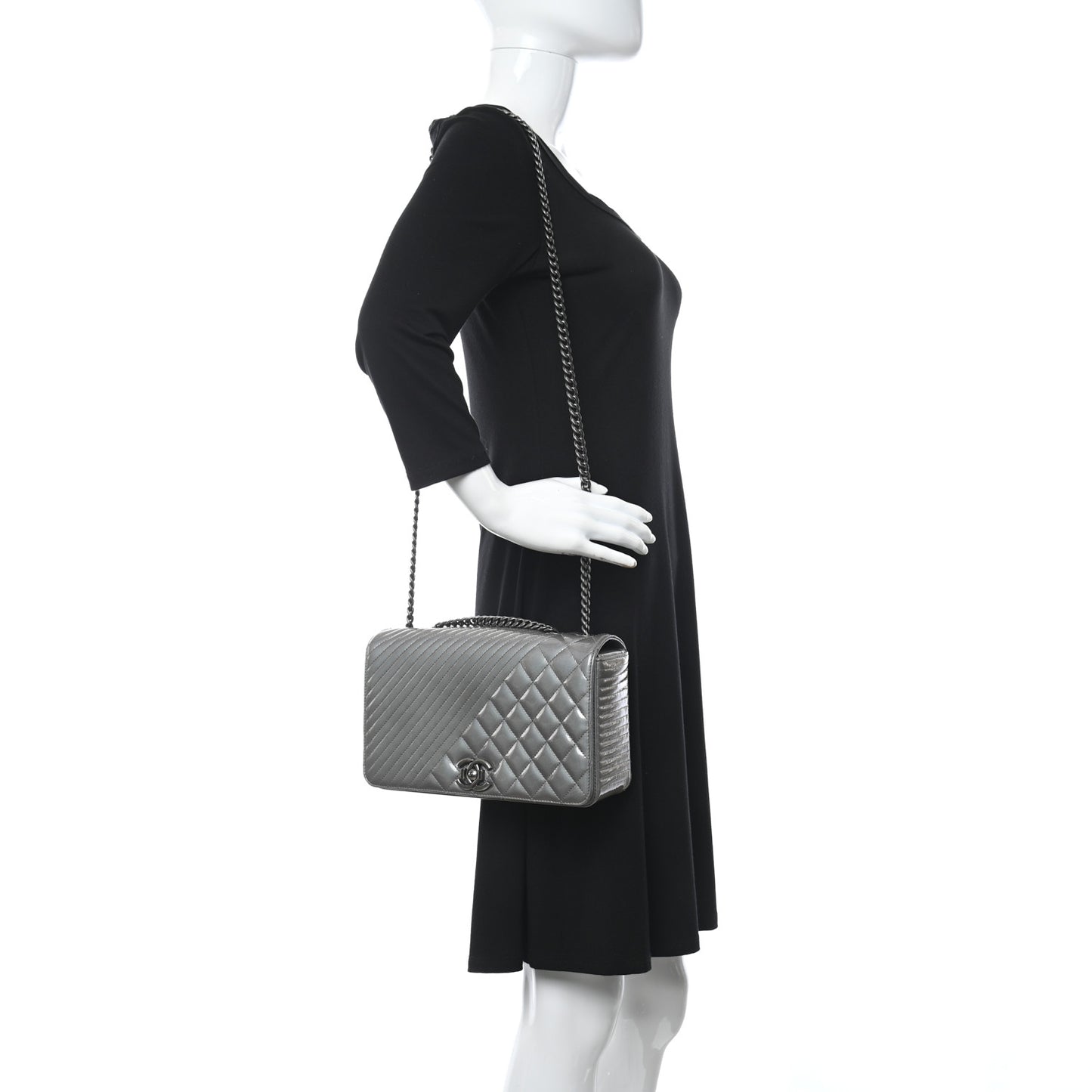 Metallic Patent Quilted Medium Coco Boy Flap Dark Silver