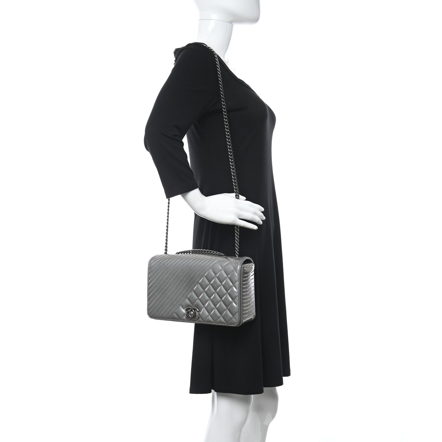 Chanel Metallic Patent Quilted Medium Coco Boy Flap Dark Silver 3 of 11