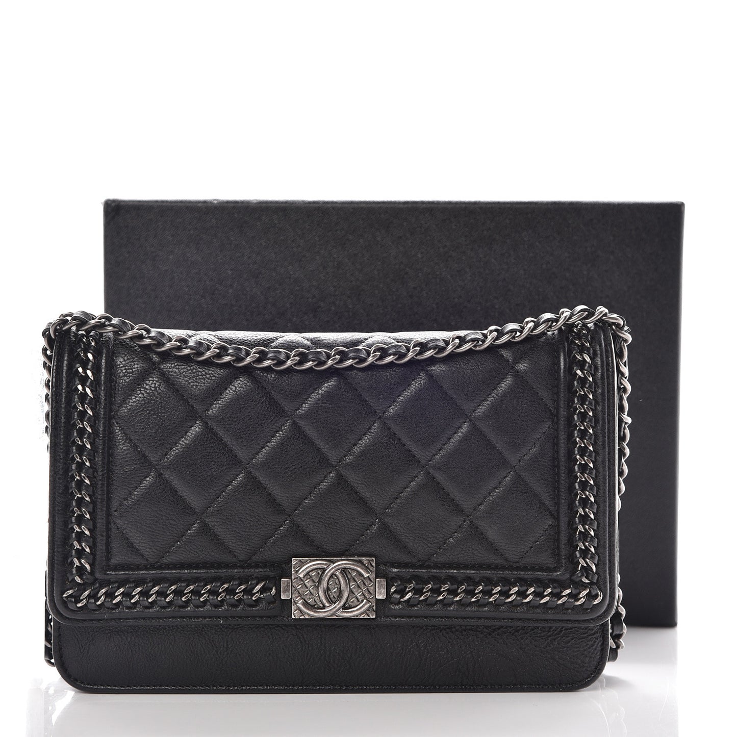 Calfskin Quilted Chain Around Boy Wallet On Chain WOC Black