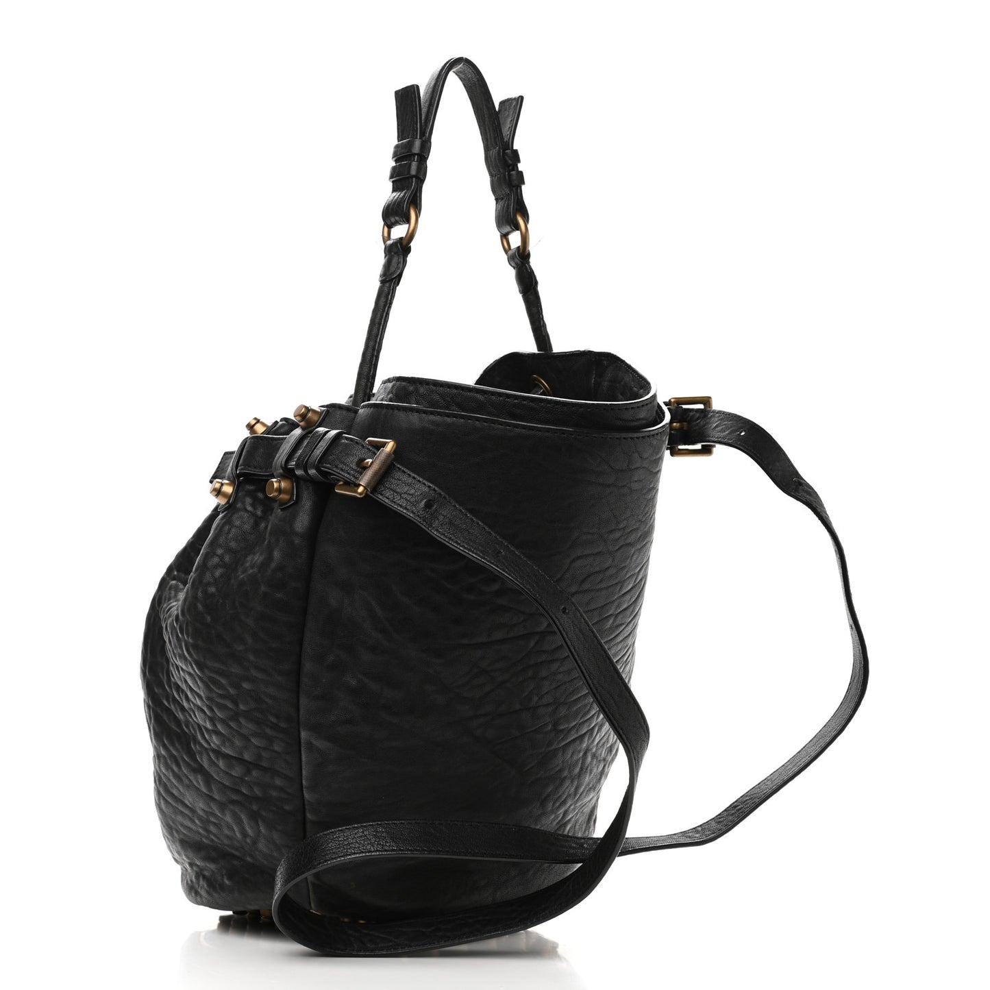 Pebbled Lambskin Diego Bucket Bag Black Antique Brass Hardware