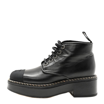 Chanel Calfskin Grosgrain Chain Lace Up CC Short Boots 40 Black 1 of 9