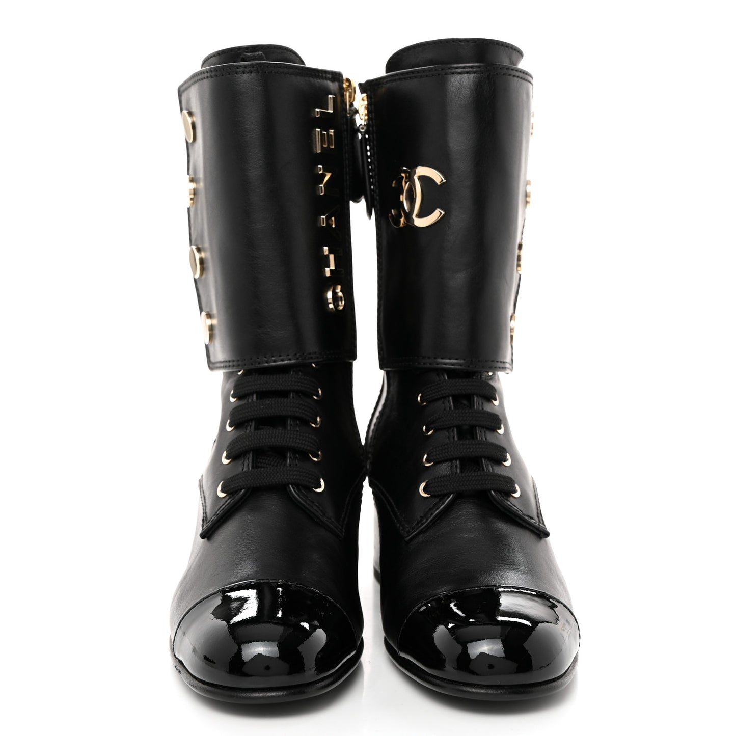 Calfskin Patent Cap Toe CC Lace Up Boots 38 Black
