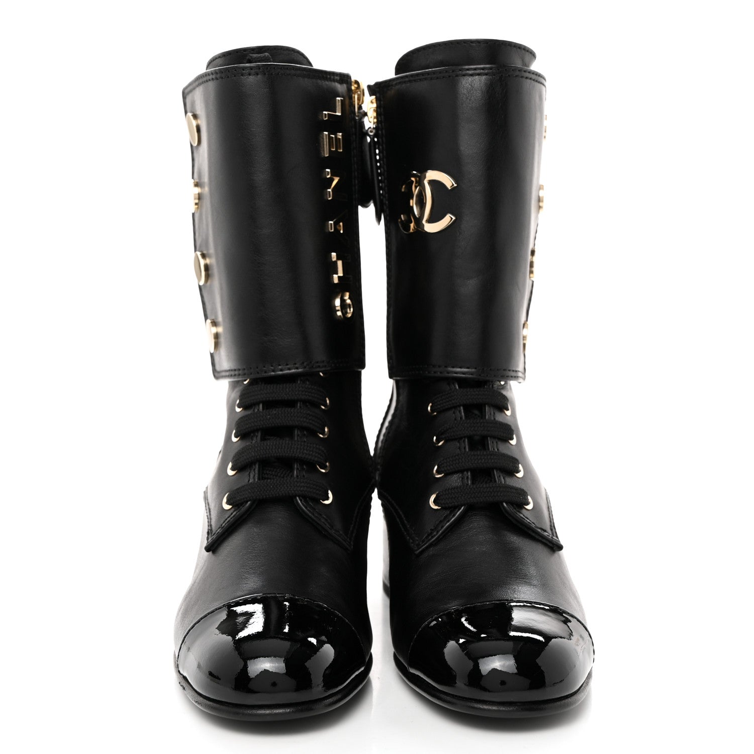Chanel Calfskin Patent Cap Toe CC Lace Up Boots 38 Black 2 of 9