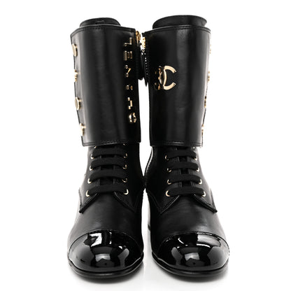 Chanel Calfskin Patent Cap Toe CC Lace Up Boots 38 Black 2 of 9