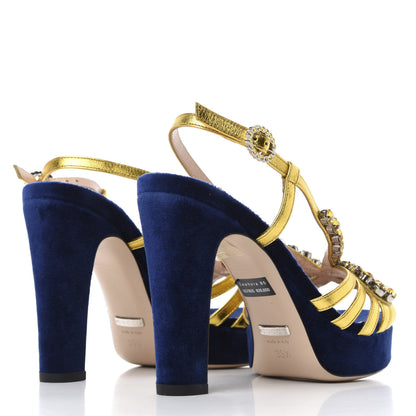 Gucci Velvet Nappa Crystal Zephyra Slingback Platform High Heel Sandals 35.5 Blue Gold 4 of 10