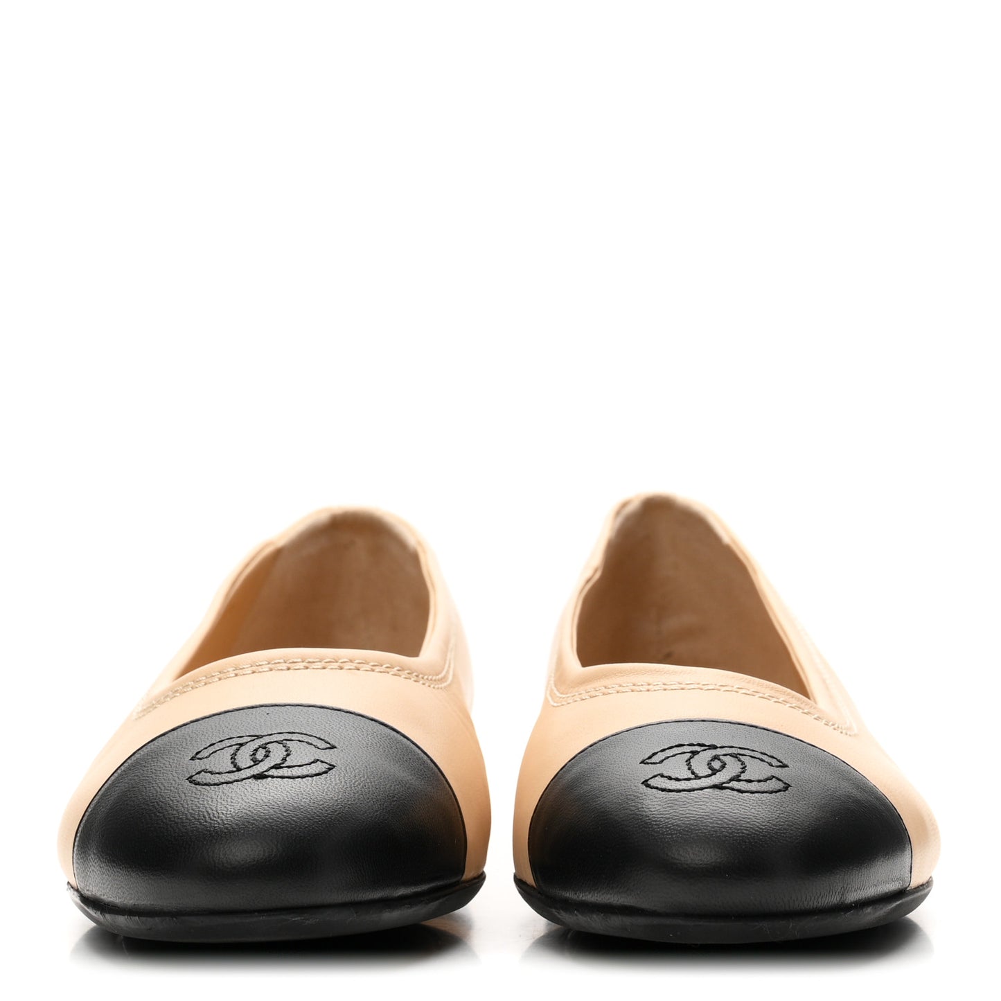 Lambskin Cap Toe CC Uniform Ballerina Flats 38.5 Beige Black