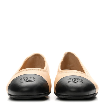 Chanel Lambskin Cap Toe CC Uniform Ballerina Flats 38.5 Beige Black 3 of 9