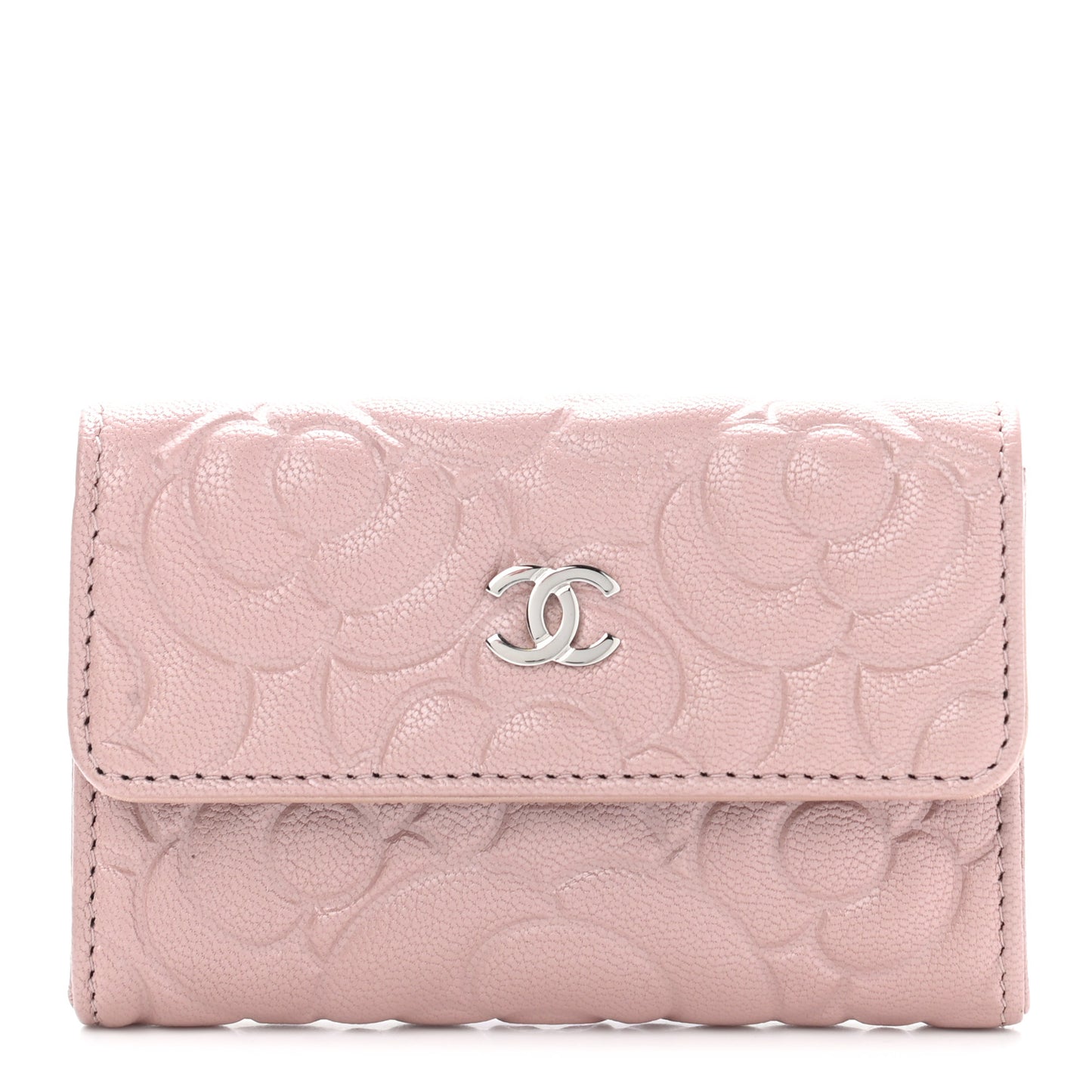 Goatskin Camellia Embossed Card Holder Wallet Light Pink