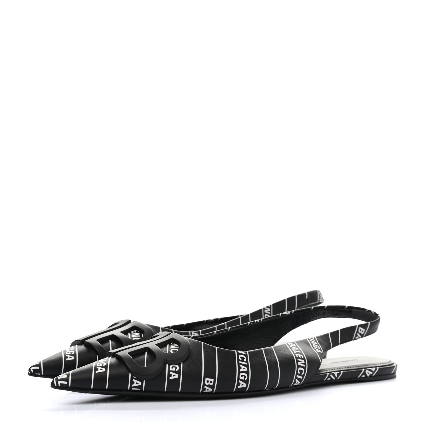 Calfskin Diagonal Allover Logo Print BB Knife Pointy Toe Slingback Flats 37 Black White