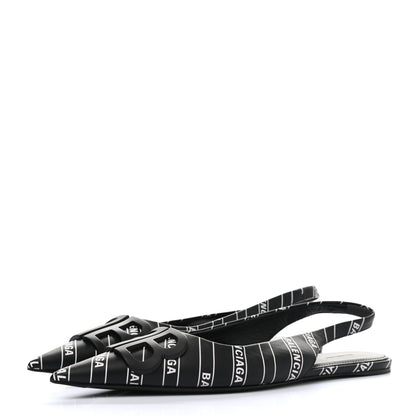 Balenciaga Calfskin Diagonal Allover Logo Print BB Knife Pointy Toe Slingback Flats 37 Black White 3 of 9