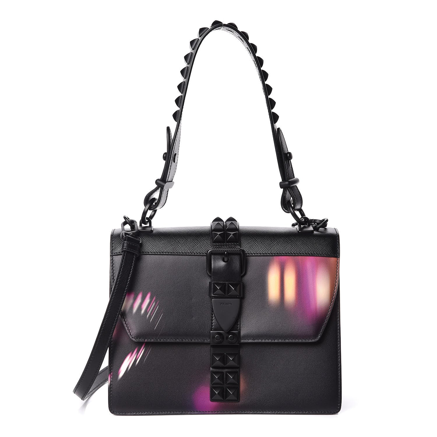 Prada Saffiano City Lights Print Studded Elektra Shoulder Bag Black Fuxia 1 of 9