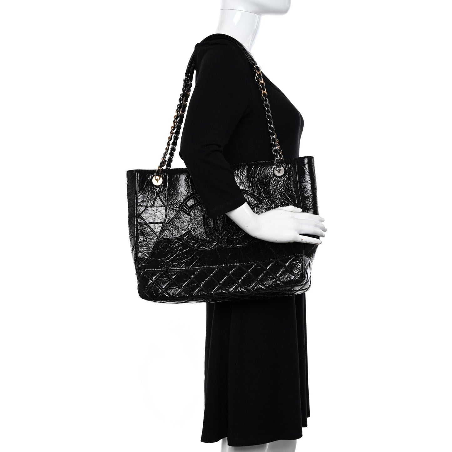 Shiny Aged Calfskin Quilted Large Shopping Bag Black