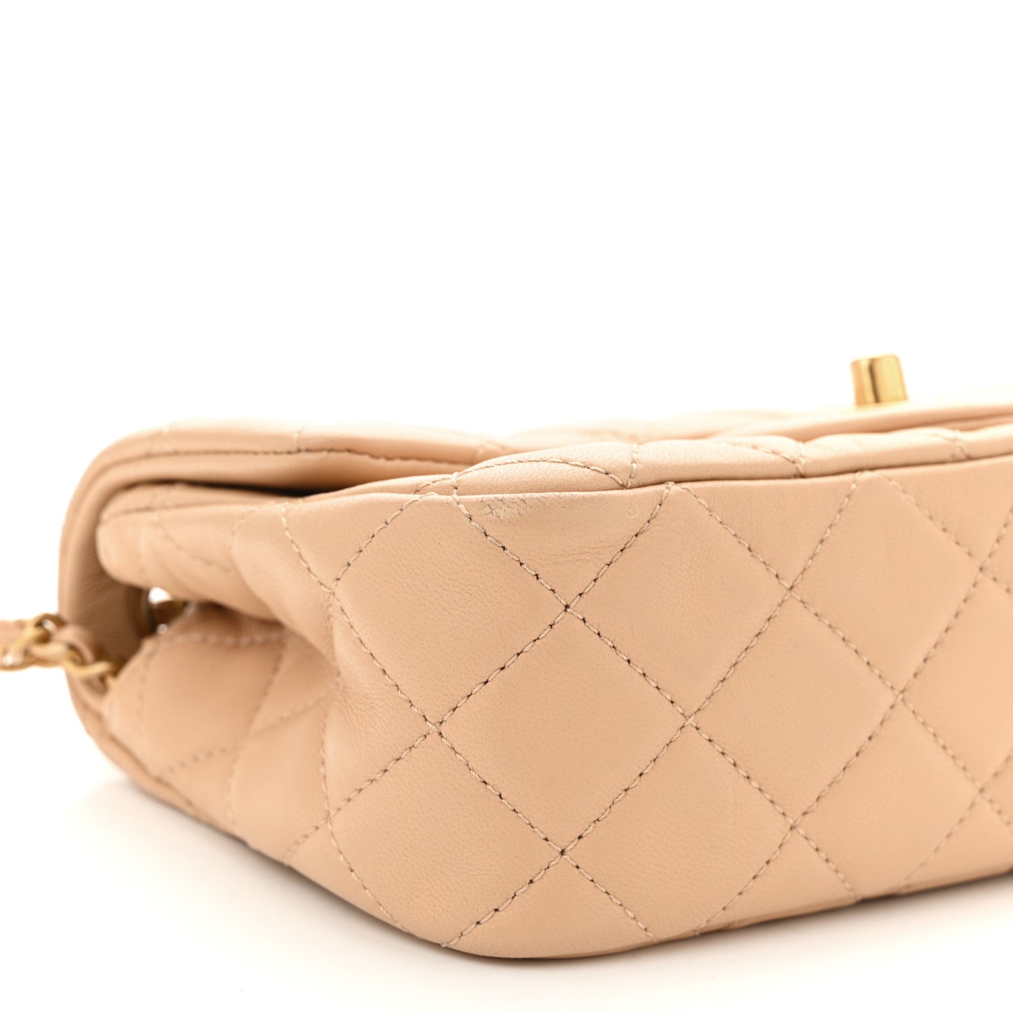 Lambskin Quilted Mini Rectangular Pearl Crush Flap Beige