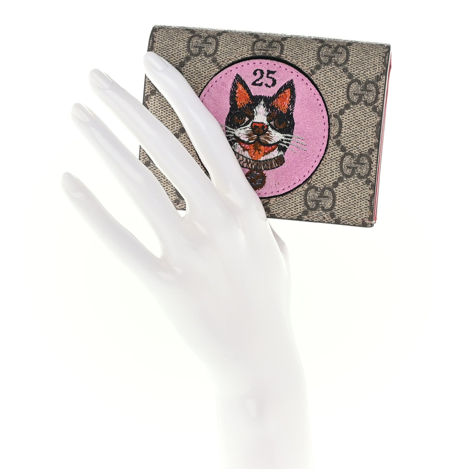 Gucci GG Supreme Monogram Bosco Patch Card Case Wallet Beige Malva Hibiscus Red 2 of 9