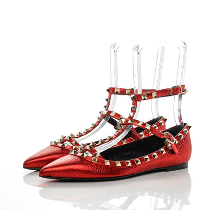 Valentino Garavani Metallic Pebbled Calfskin Rockstud Cage Ballerina Flats 37.5 Rosso Valentino 3 of 8