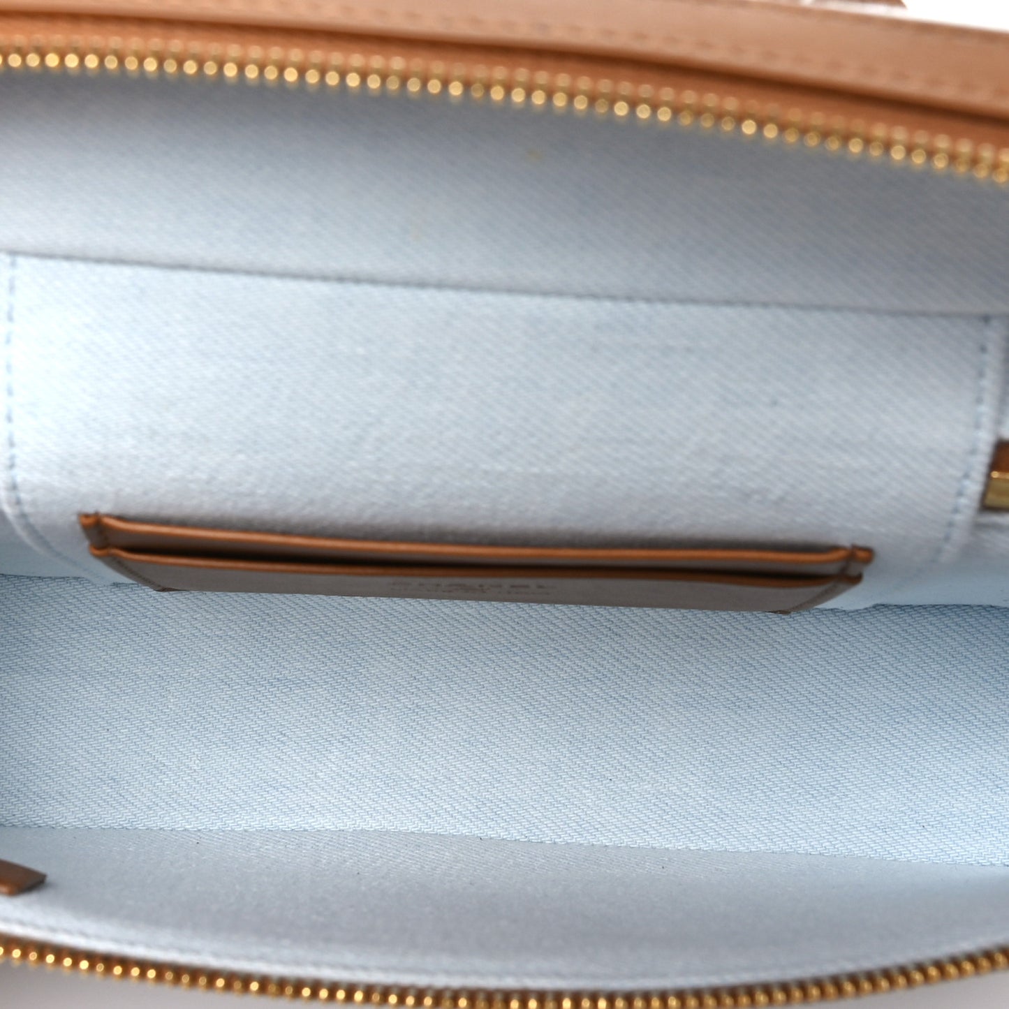 Washed Denim Calfskin Quilted Top Handle Slim Vanity Case With Chain Blue Brown