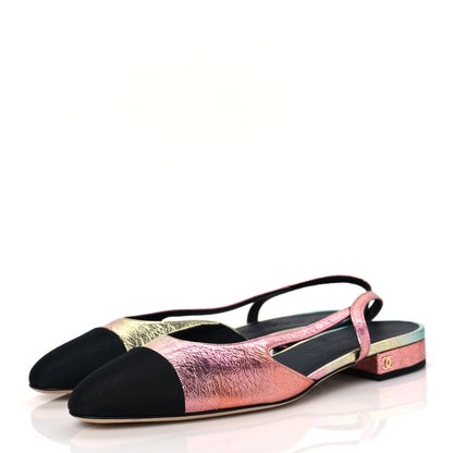 Chanel Laminated Calfskin Grosgrain Cap Toe CC Slingback Flats 36.5 Multicolor Black 3 of 7