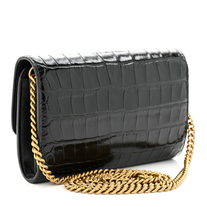 Balenciaga Shiny Calfskin Crocodile Embossed B Continental Chain Bag Black 3 of 10