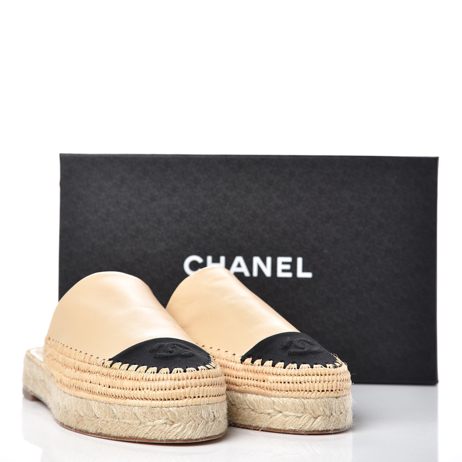 Chanel Lambskin Grosgrain CC Espadrille Mules 40 Beige Black 9 of 10