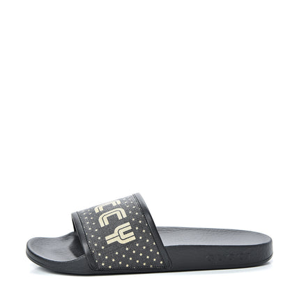Gucci X SEGA Supreme Canvas GUCCY Stars Womens Slide Sandals 36 Black Gold 1 of 8