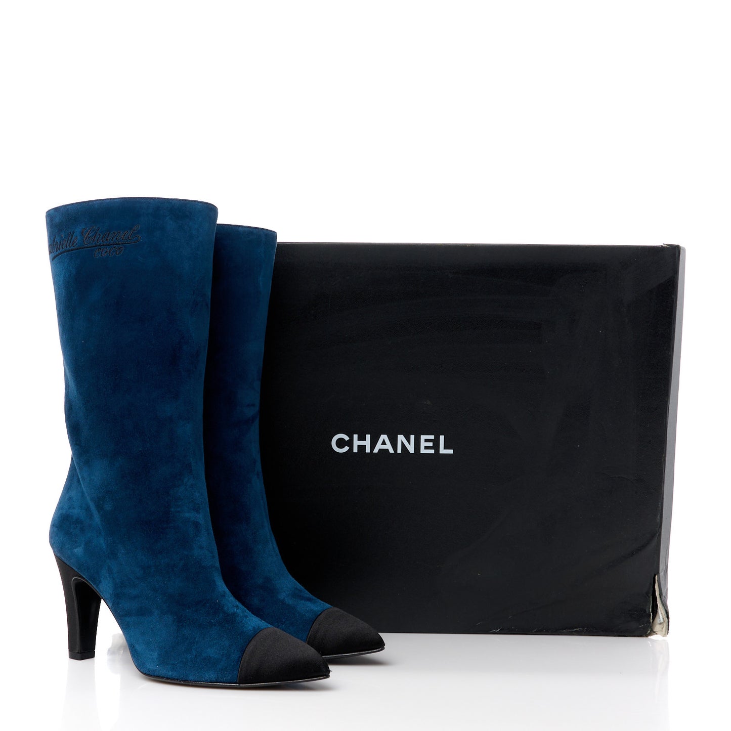 Suede Calfskin Satin Gabrielle Cap Toe Short Boots 35.5 Royal Blue Black