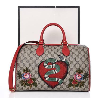 Gucci GG Supreme Monogram Kingsnake Heart Embroidered Medium Boston Hibiscus Red 10 of 10