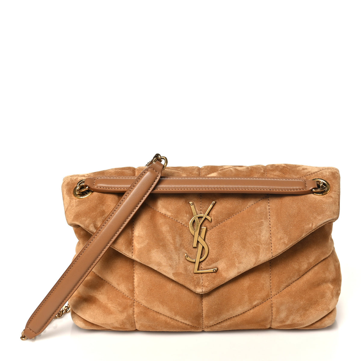 Saint Laurent Suede Calfskin Quilted Small Loulou Puffer Monogram Chain Satchel Cinnamon 1 of 11