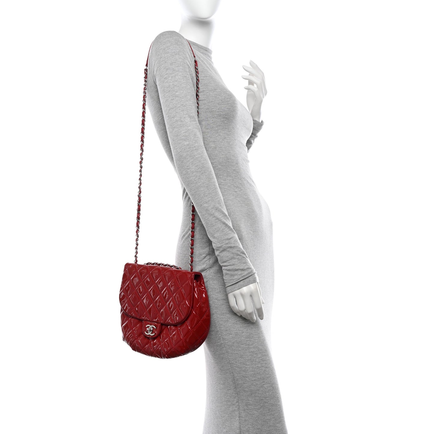 Patent Calfskin Quilted Medium Bubble CC Flap Dark Red