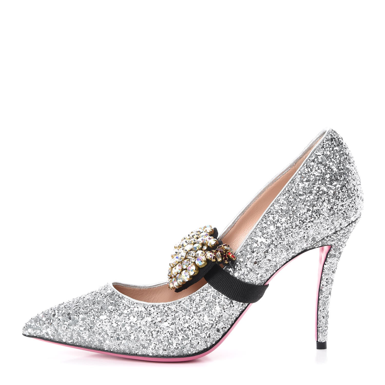 Gucci Nappa Silk Crystal Removable Heart Pumps 40 Argento 1 of 8