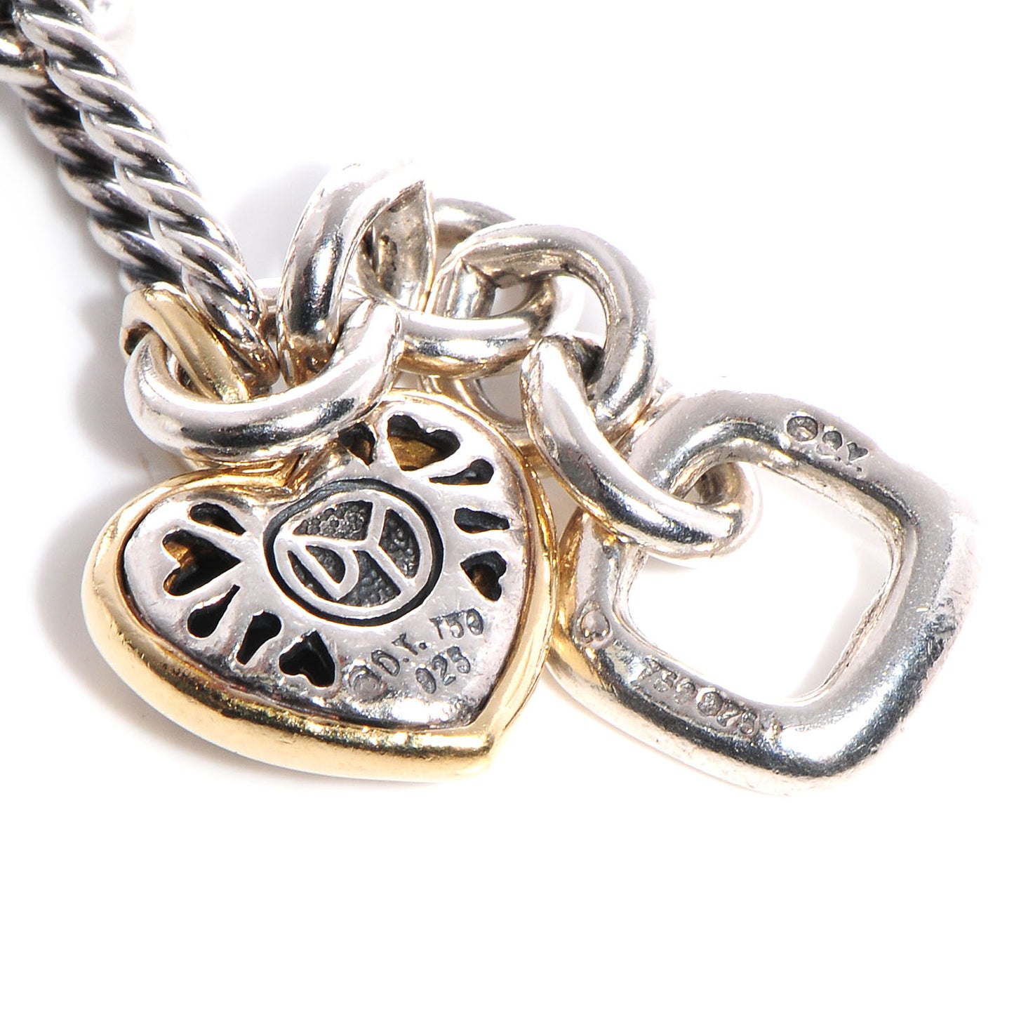 Sterling Silver 18K Yellow Gold Cable Heart Charm Bracelet