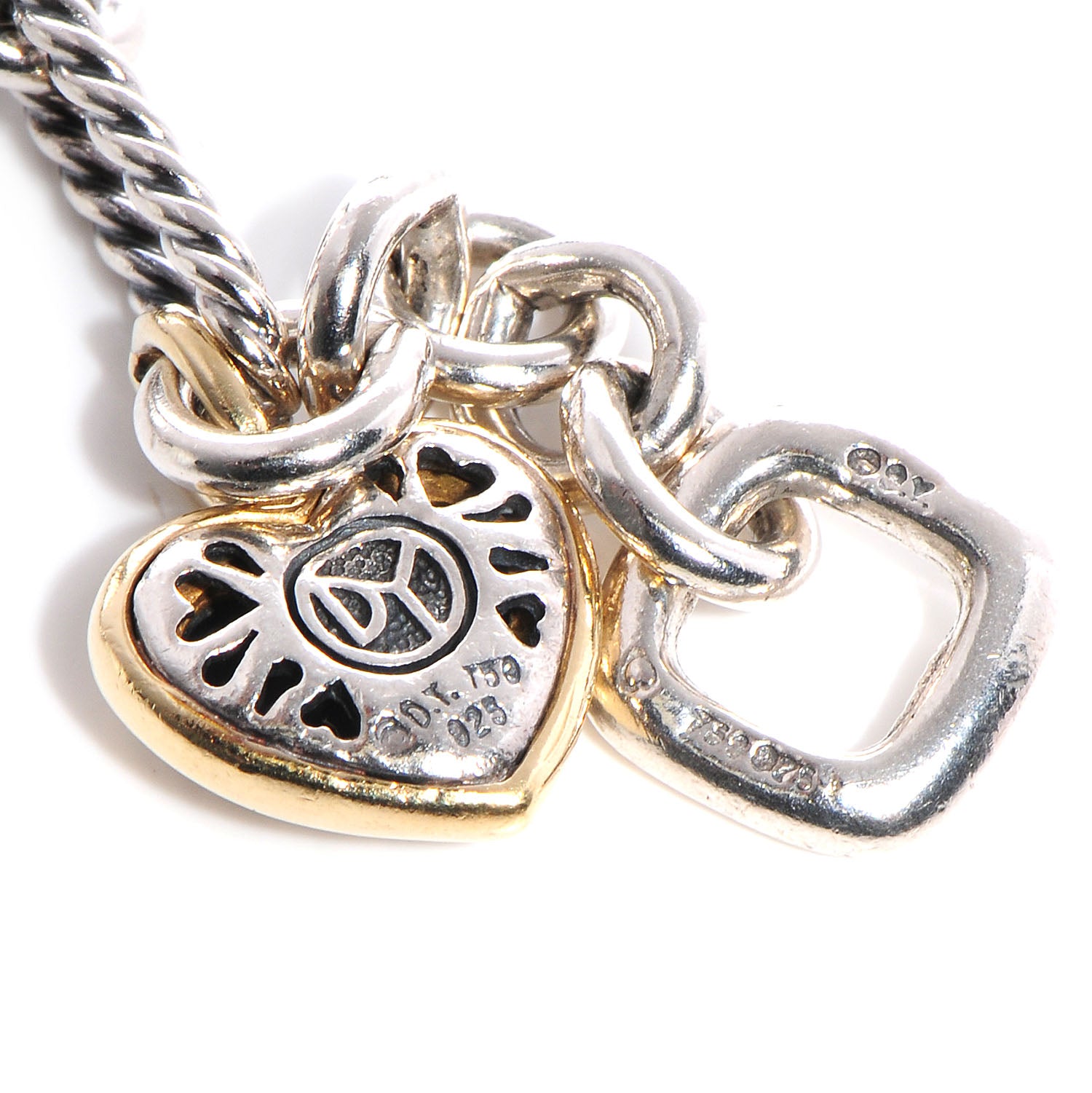 David Yurman Sterling Silver 18K Yellow Gold Cable Heart Charm Bracelet 4 of 5