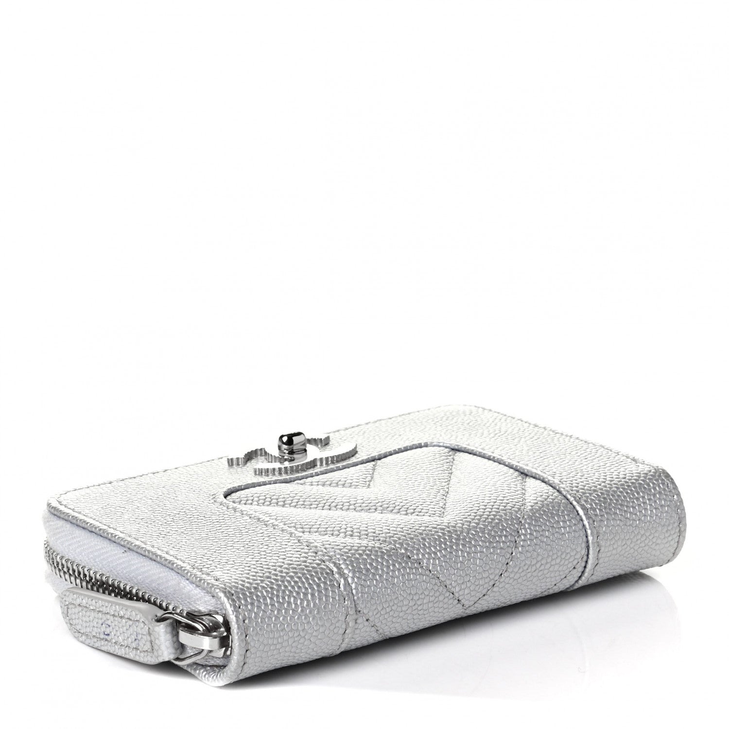 Chanel Metallic Caviar Chevron Quilted Vintage Mademoiselle Zip Coin Purse Silver 3 of 4