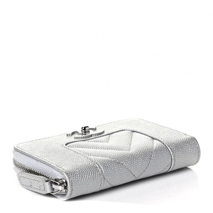 Chanel Metallic Caviar Chevron Quilted Vintage Mademoiselle Zip Coin Purse Silver 3 of 4