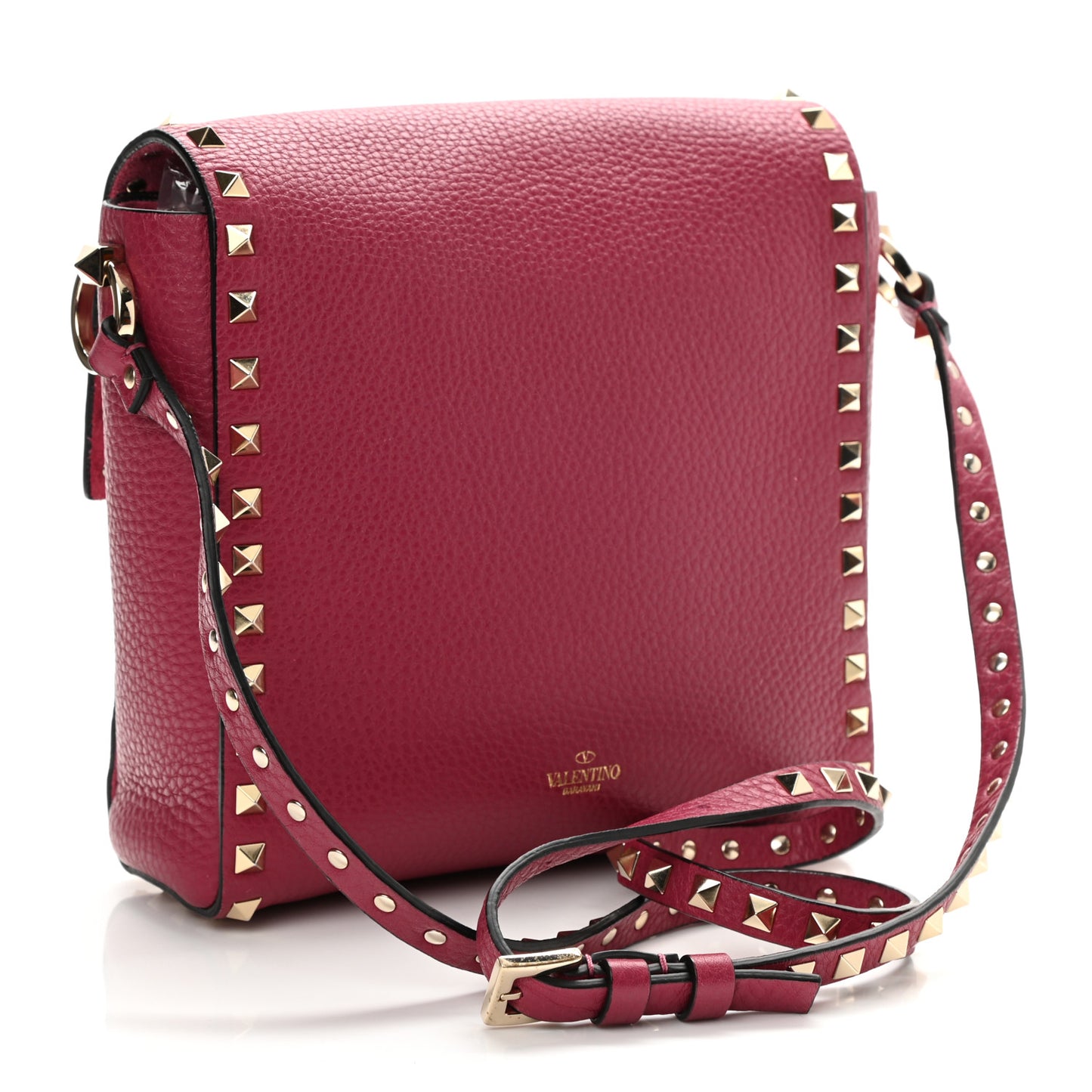 Pebbled Calfskin Rockstud Flip Lock Flap Messenger Raspberry