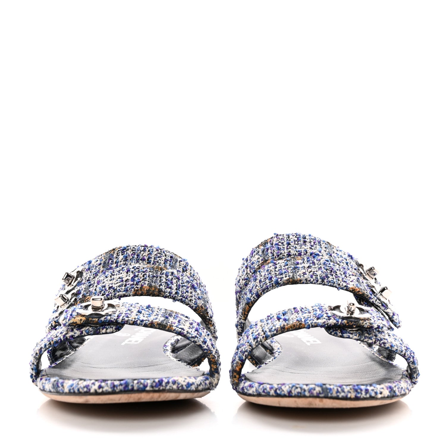 Chanel Tweed Lambskin CC Turnlock Mule Sandals 38 Blue Ecru Grey 2 of 14