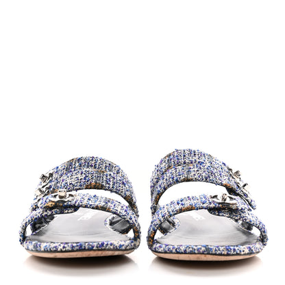 Chanel Tweed Lambskin CC Turnlock Mule Sandals 38 Blue Ecru Grey 2 of 14