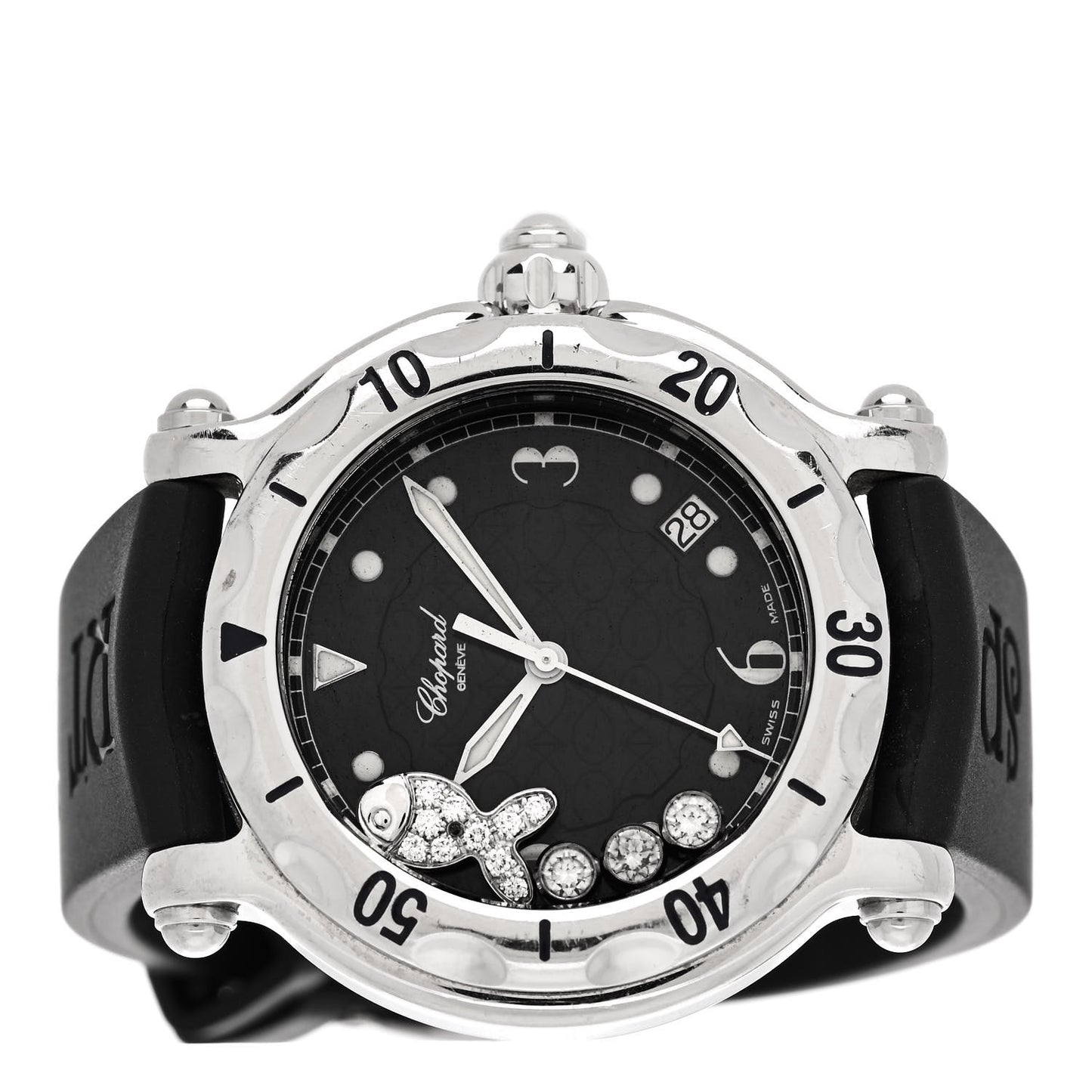 Stainless Steel Rubber Diamond 38mm Happy Sport Fish Quartz Watch Black
