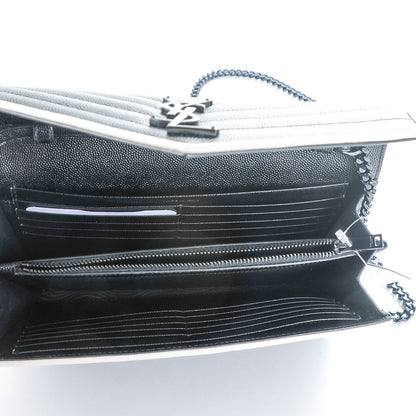 Saint Laurent Bi-Color Grain De Poudre Matelasse Chevron Monogram Chain Wallet Black White 5 of 8