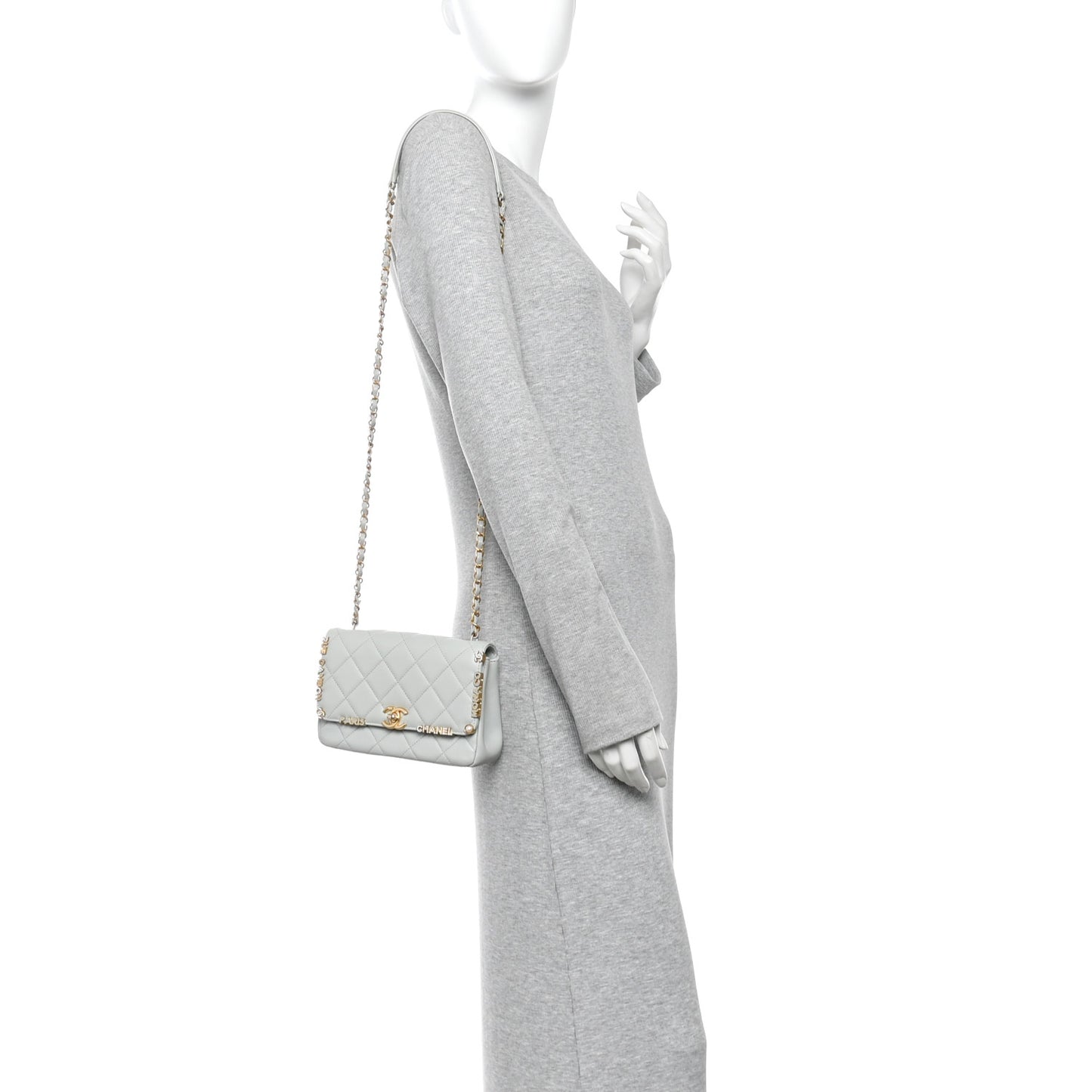 Lambskin Enamel Strass Quilted Mini Paris Monaco Flap Light Grey