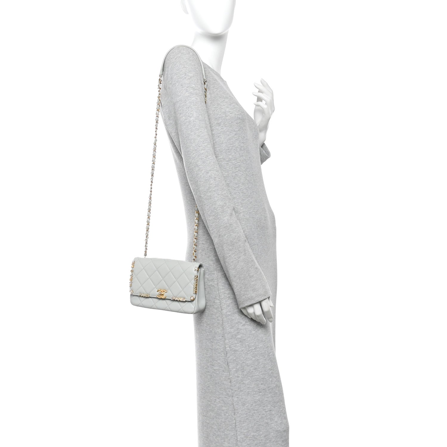 Chanel Lambskin Enamel Strass Quilted Mini Paris Monaco Flap Light Grey 2 of 12