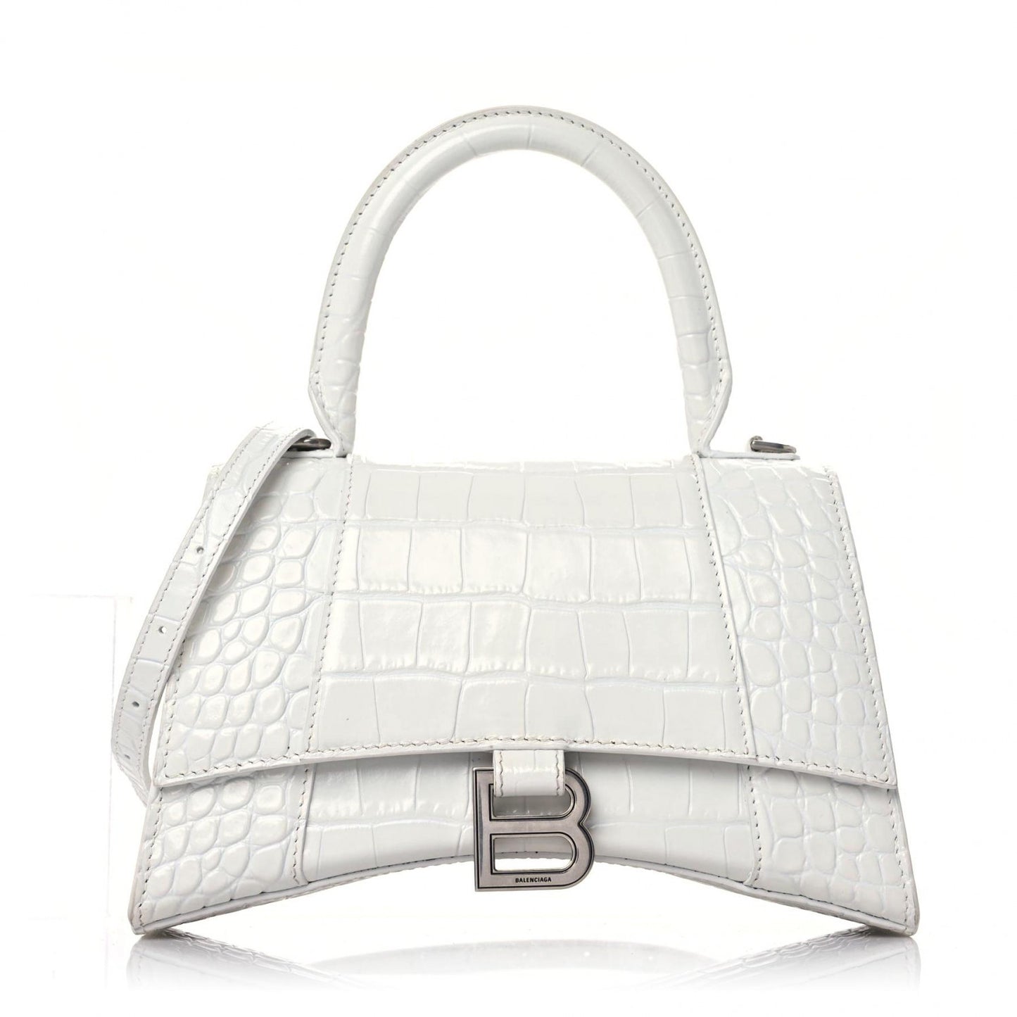 Calfskin Crocodile Embossed Small Hourglass Top Handle Bag White