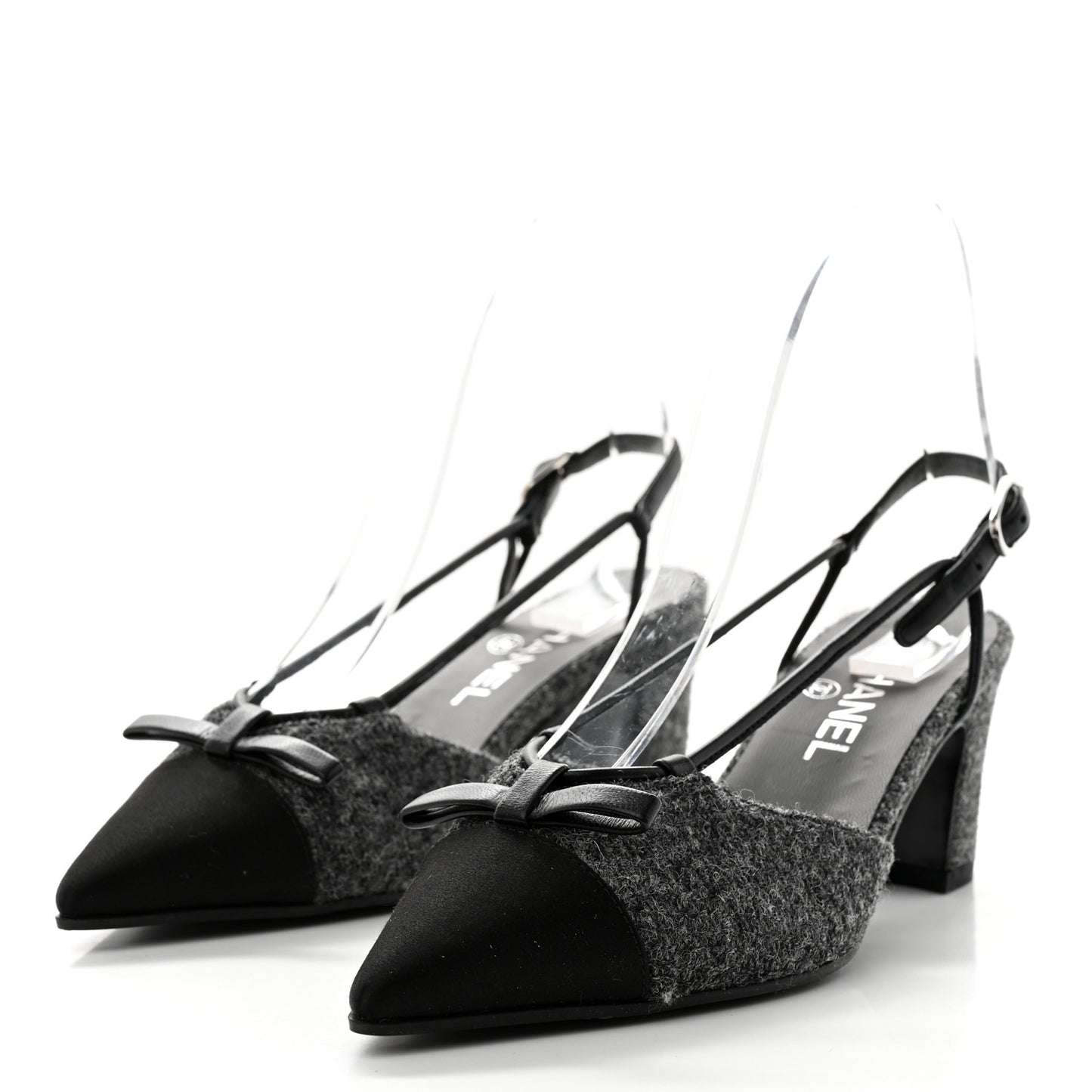 Tweed Satin Slingback Cap Toe Bow Pumps 36.5 Grey Black