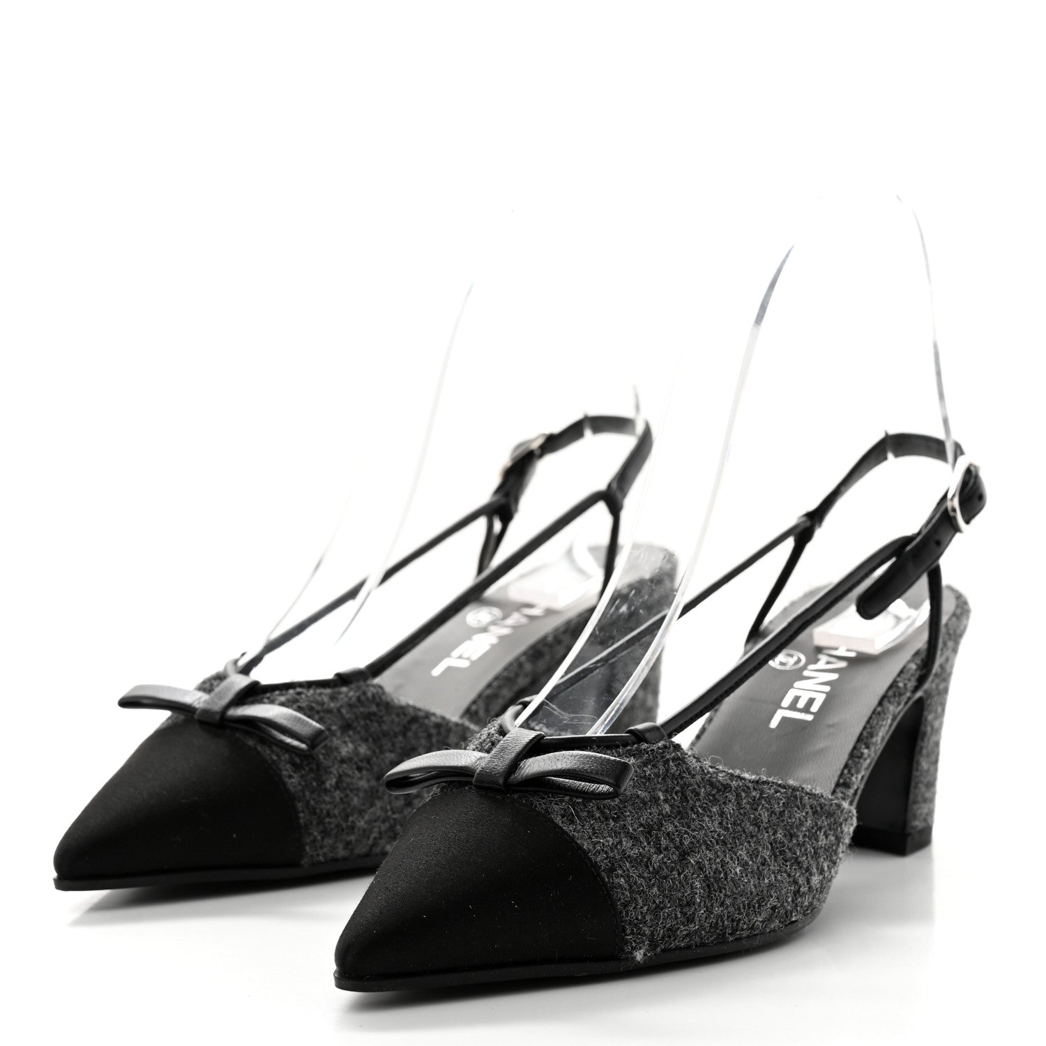 Chanel Tweed Satin Slingback Cap Toe Bow Pumps 36.5 Grey Black 3 of 9