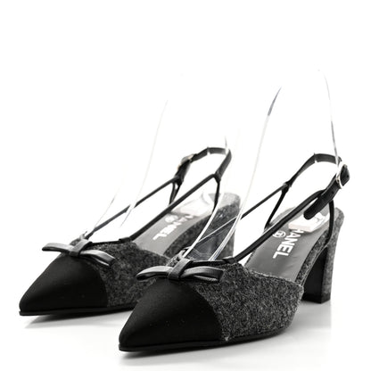 Chanel Tweed Satin Slingback Cap Toe Bow Pumps 36.5 Grey Black 3 of 9