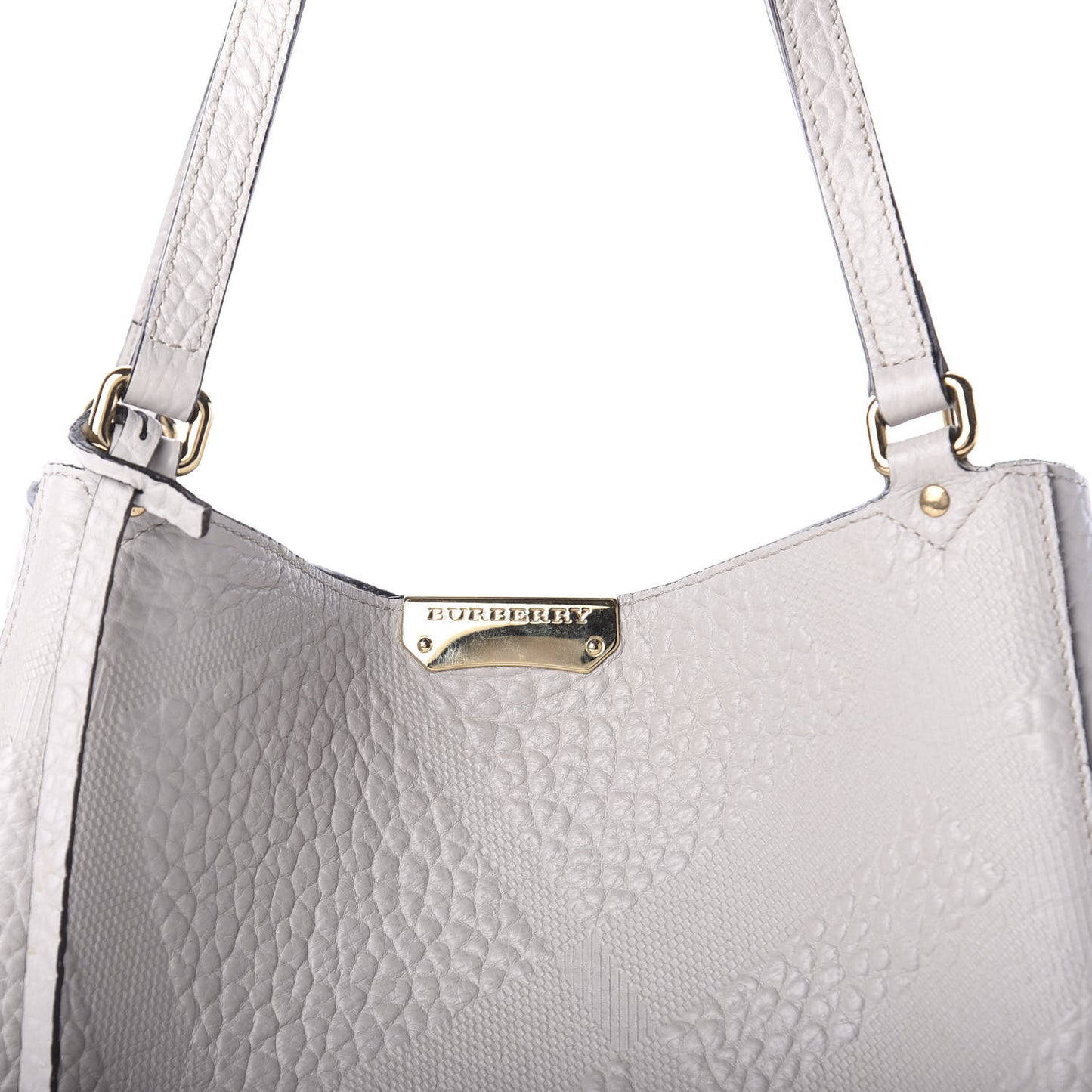 Signature Grain Calfskin Check Embossed Small Canterbury Tote Stone White