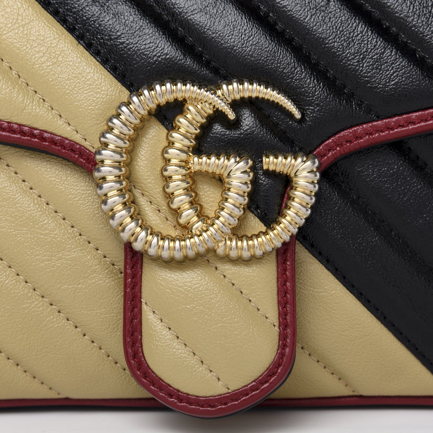 Vintage Effect Calfskin Matelasse Diagonal Striped Small Torchon GG Marmont Shoulder Bag Black Beige