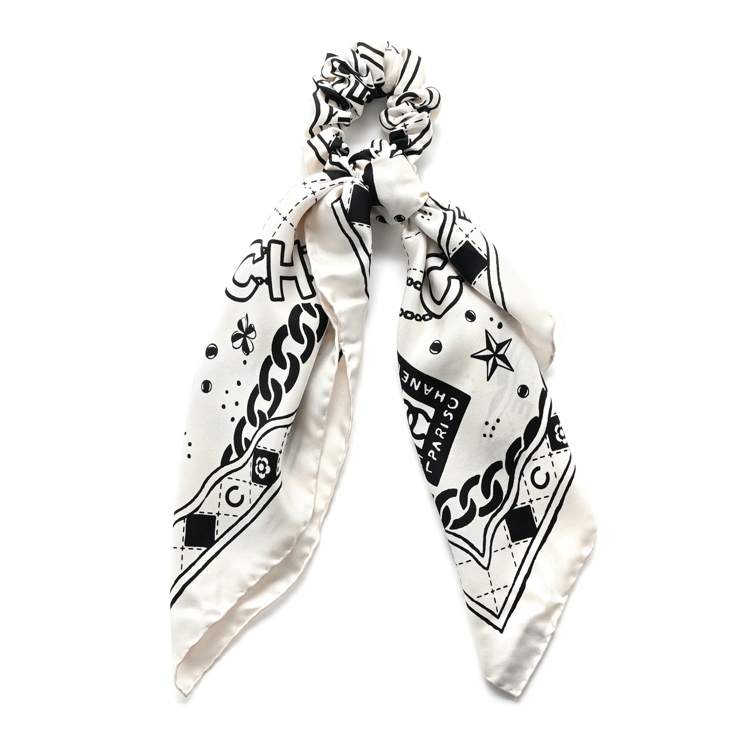 Silk Twill Square Scarf Hair Tie Ecru Black