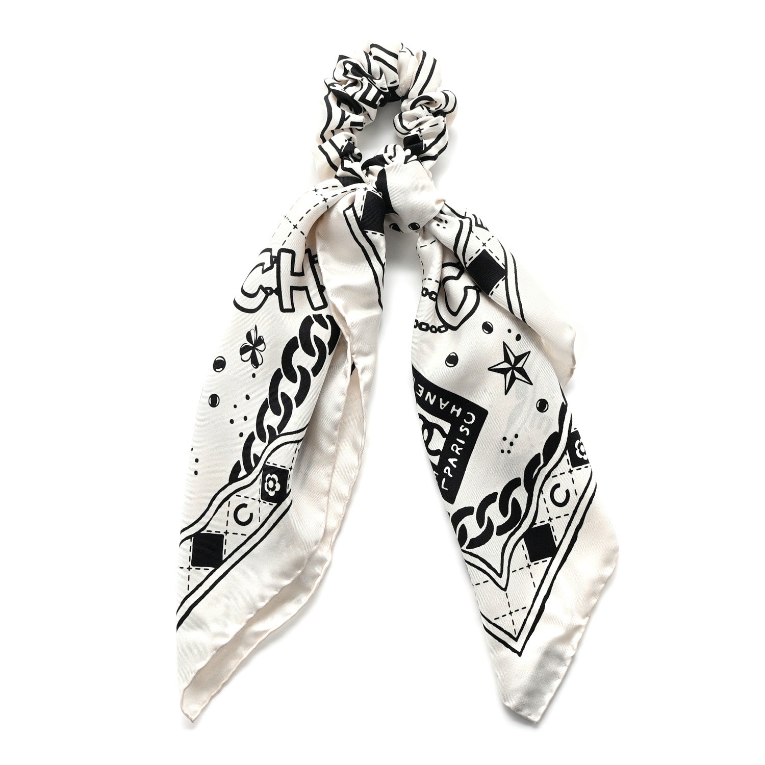 Chanel Silk Twill Square Scarf Hair Tie Ecru Black 1 of 8