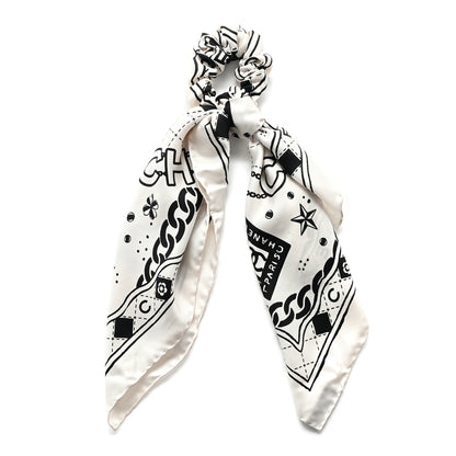 Chanel Silk Twill Square Scarf Hair Tie Ecru Black 1 of 8